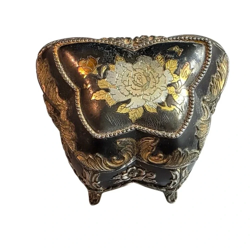 Vintage Japanese Butterfly Music Box, Trinket Jewelry Vanity Storage, Black Gold